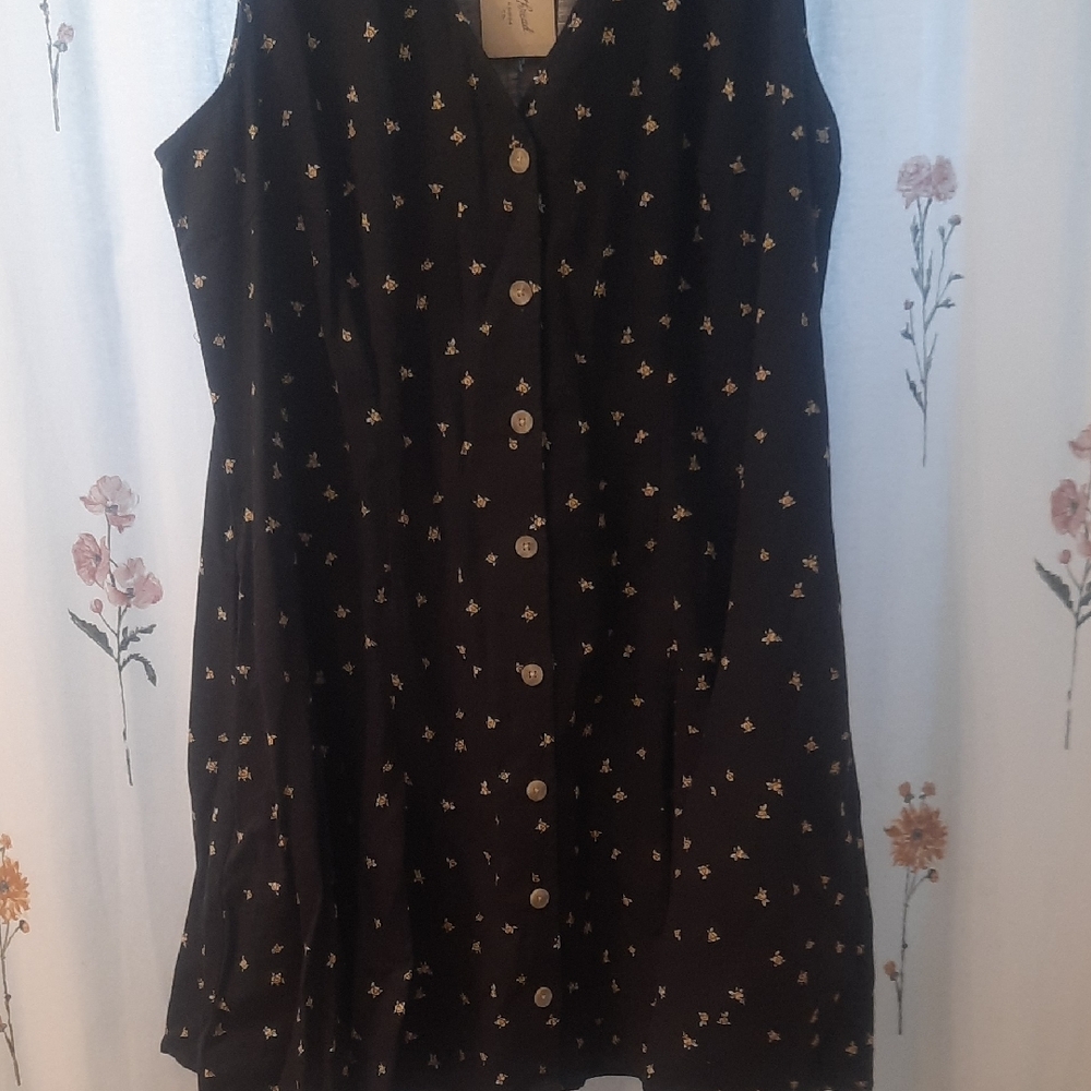 Black Sleeveless Button-Up Dress with Floral Pattern With Pockets